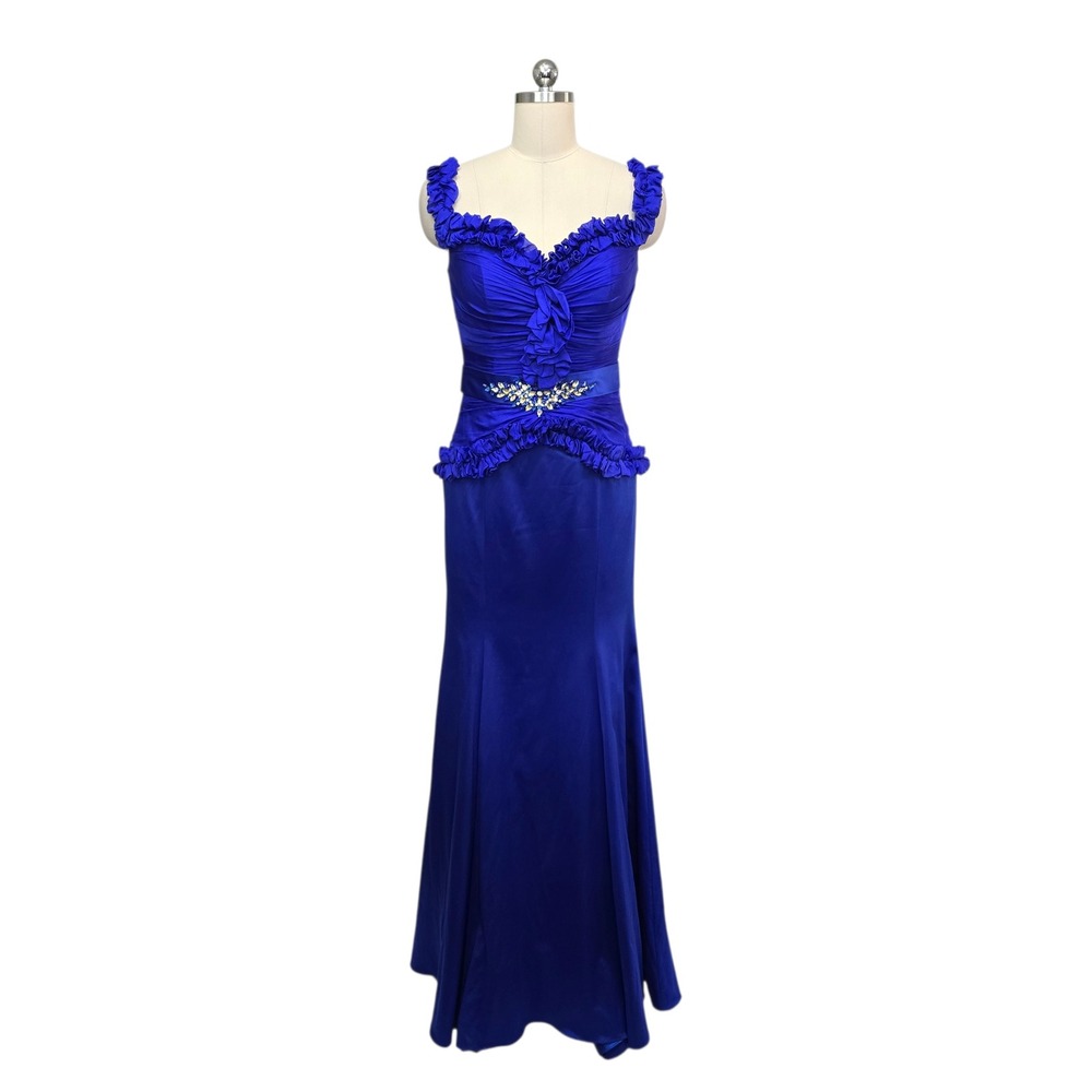 Tony Bowls Evenings Royal Blue Ruched Mermaid Gown Rhinestone Brooch Size 6